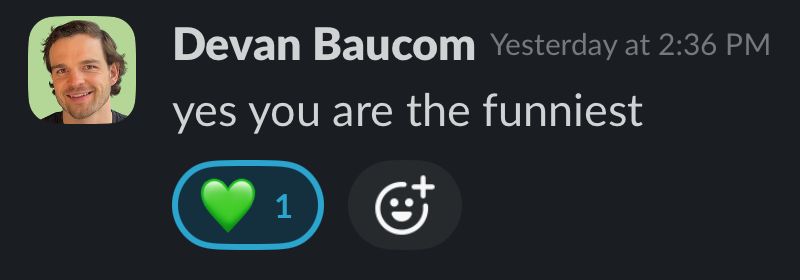 slack message from devan baucom reading “yes you are the funniest”